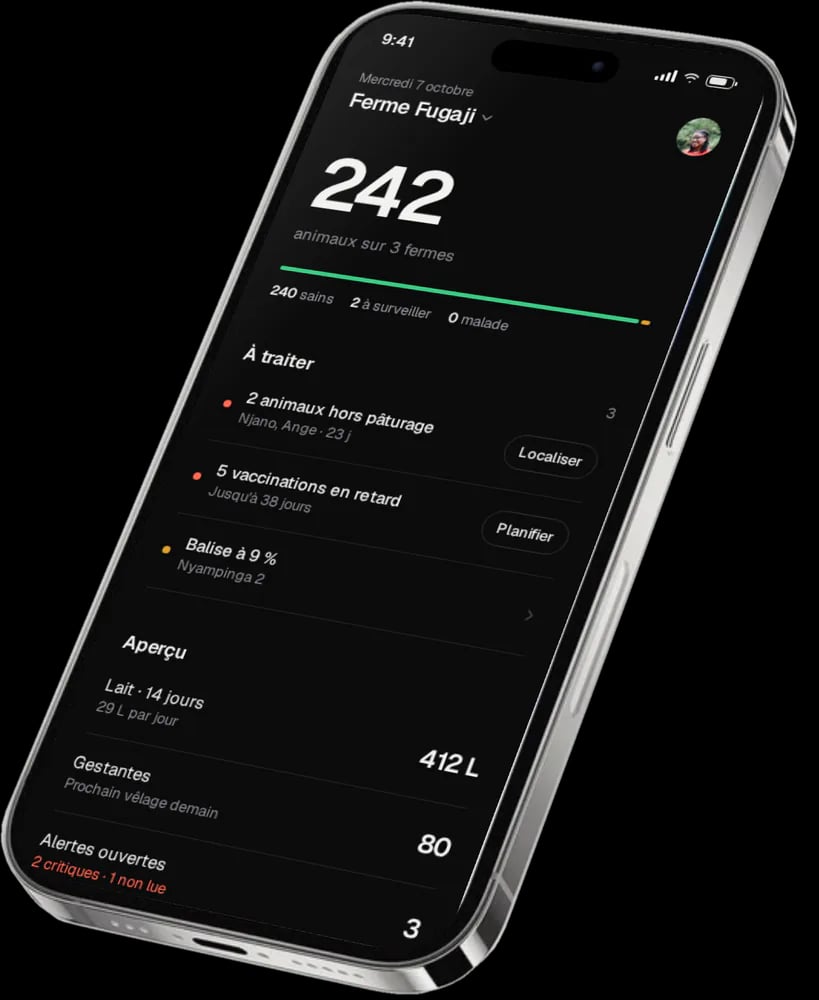 Accueil de l’application Fugaji, le troupeau et les tâches du jour
