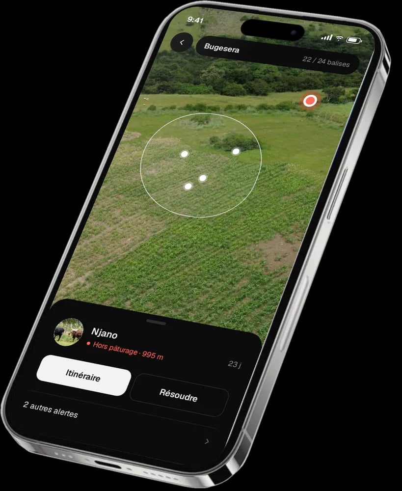 Carte du pâturage dans l’application Fugaji, une vache signalée hors de l’enclos
